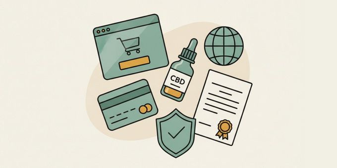 A WooCommerce checkout window, payment card, CBD oil bottle, security shield, compliance certificate, and globe.