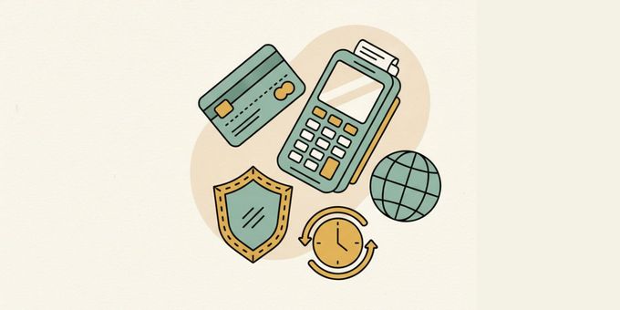 A payment terminal, credit card, security shield, globe, and clock, representing secure and fast global forex payment processing.