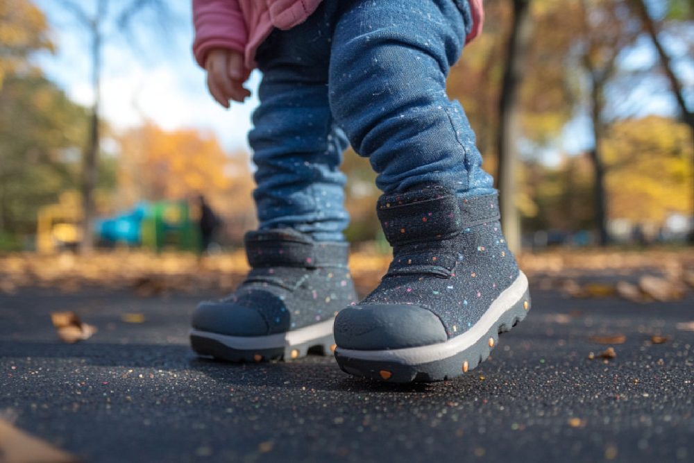 A close up of a baby wearing hard-soled shoes.
