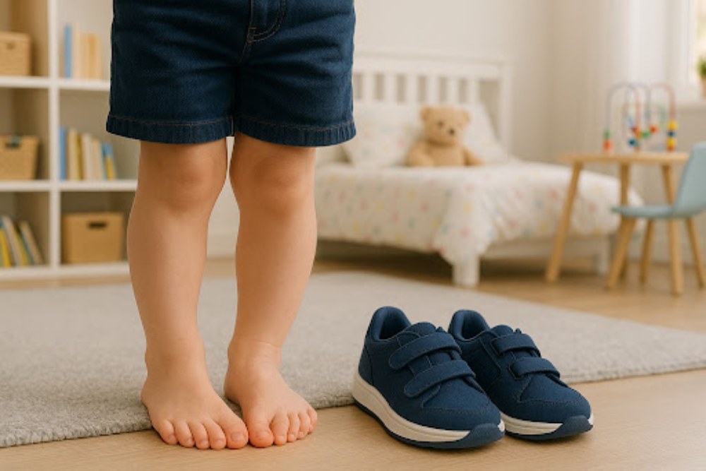 A pigeon-toed kid next to orthopedic shoes.
