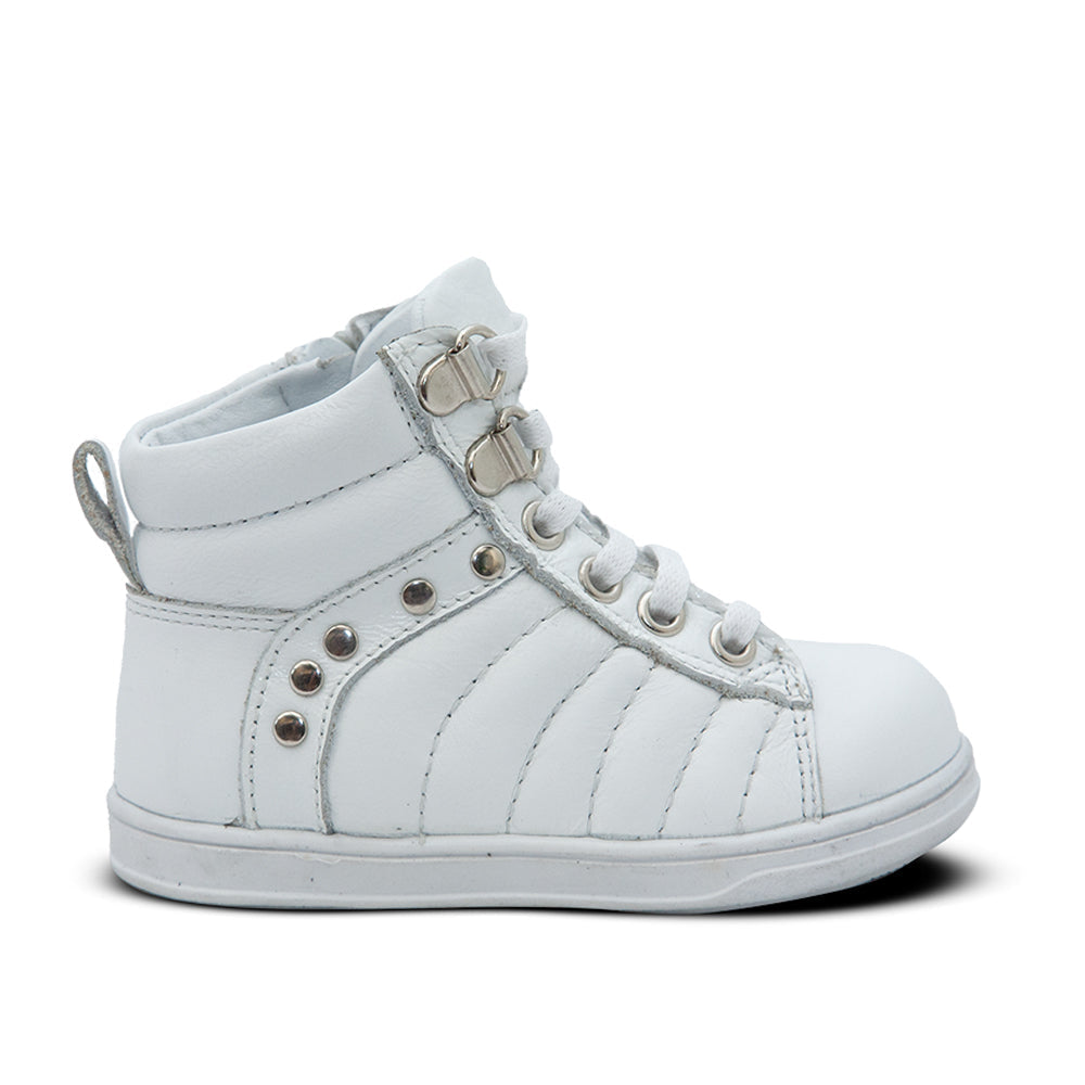 a white high top sneaker with a metal buckle