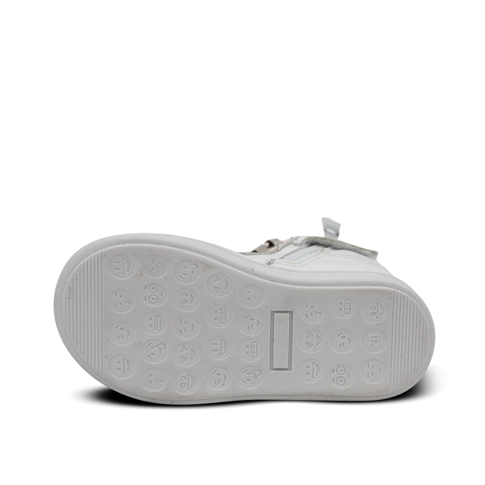 a close up of a white shoe on a white background