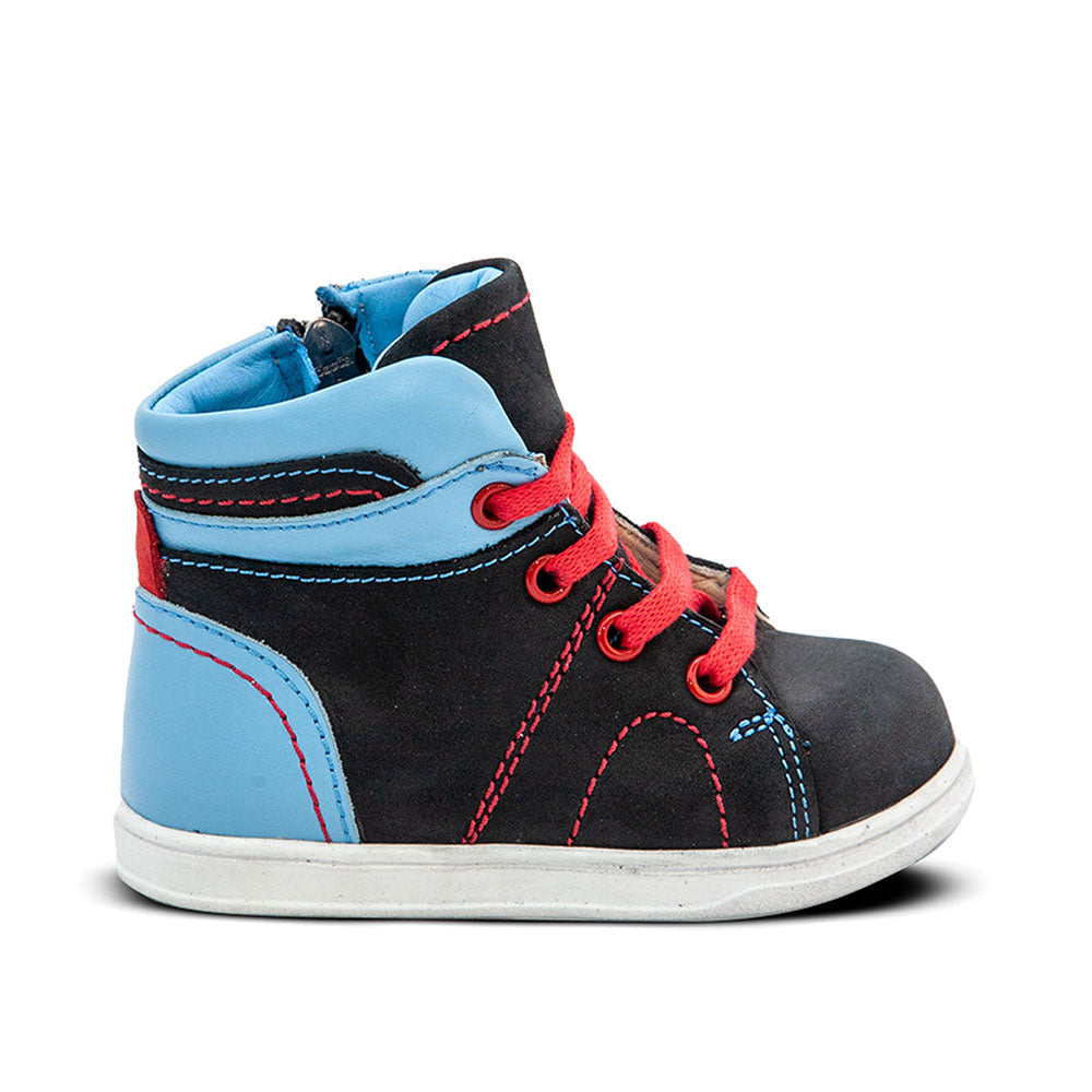 a pair of black and blue shoes with red laces