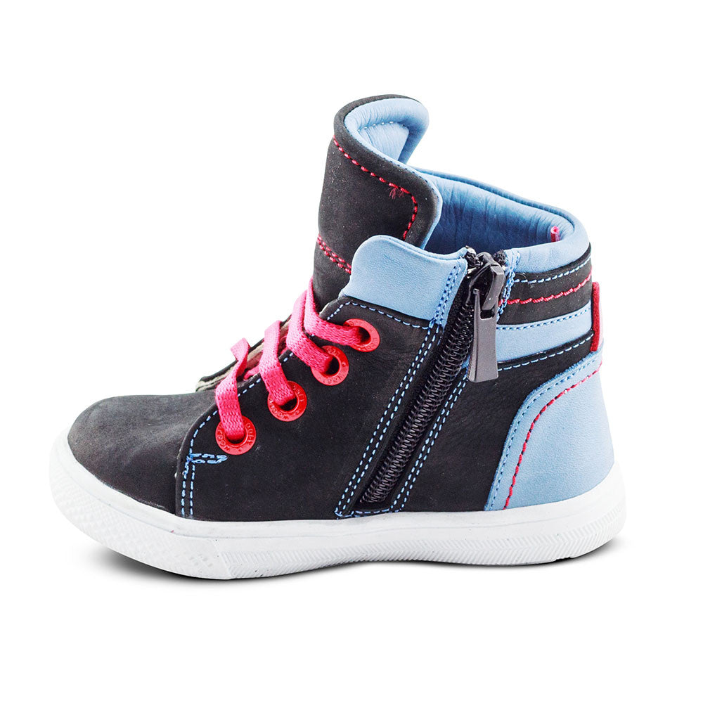 a pair of black and blue shoes with pink laces