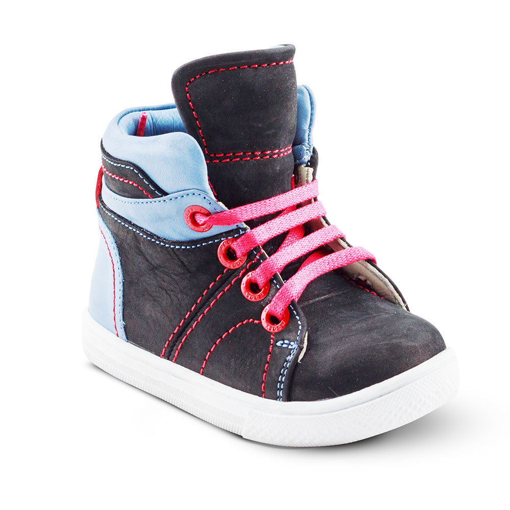 a pair of black and blue shoes with pink laces