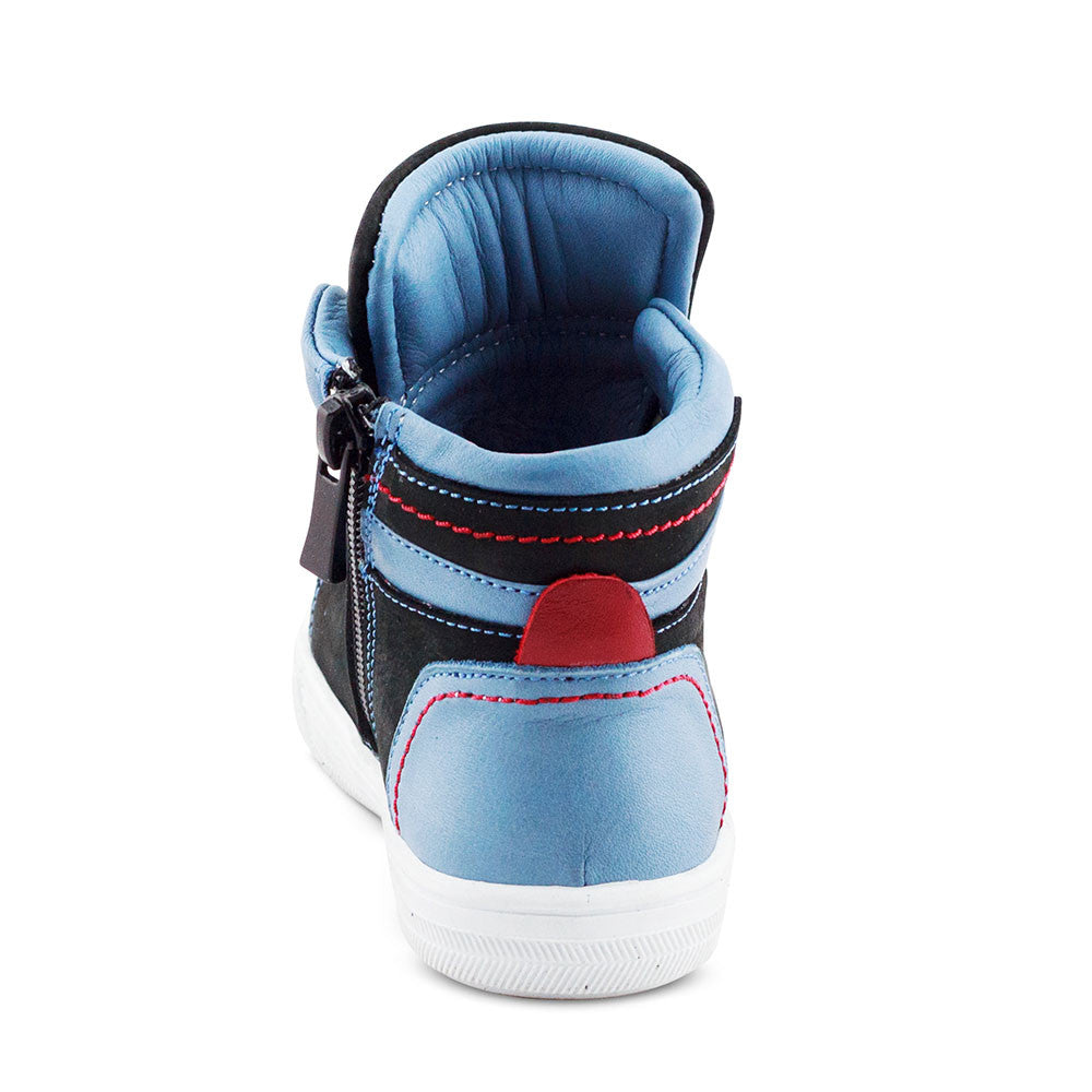 a child's blue and black high top sneaker