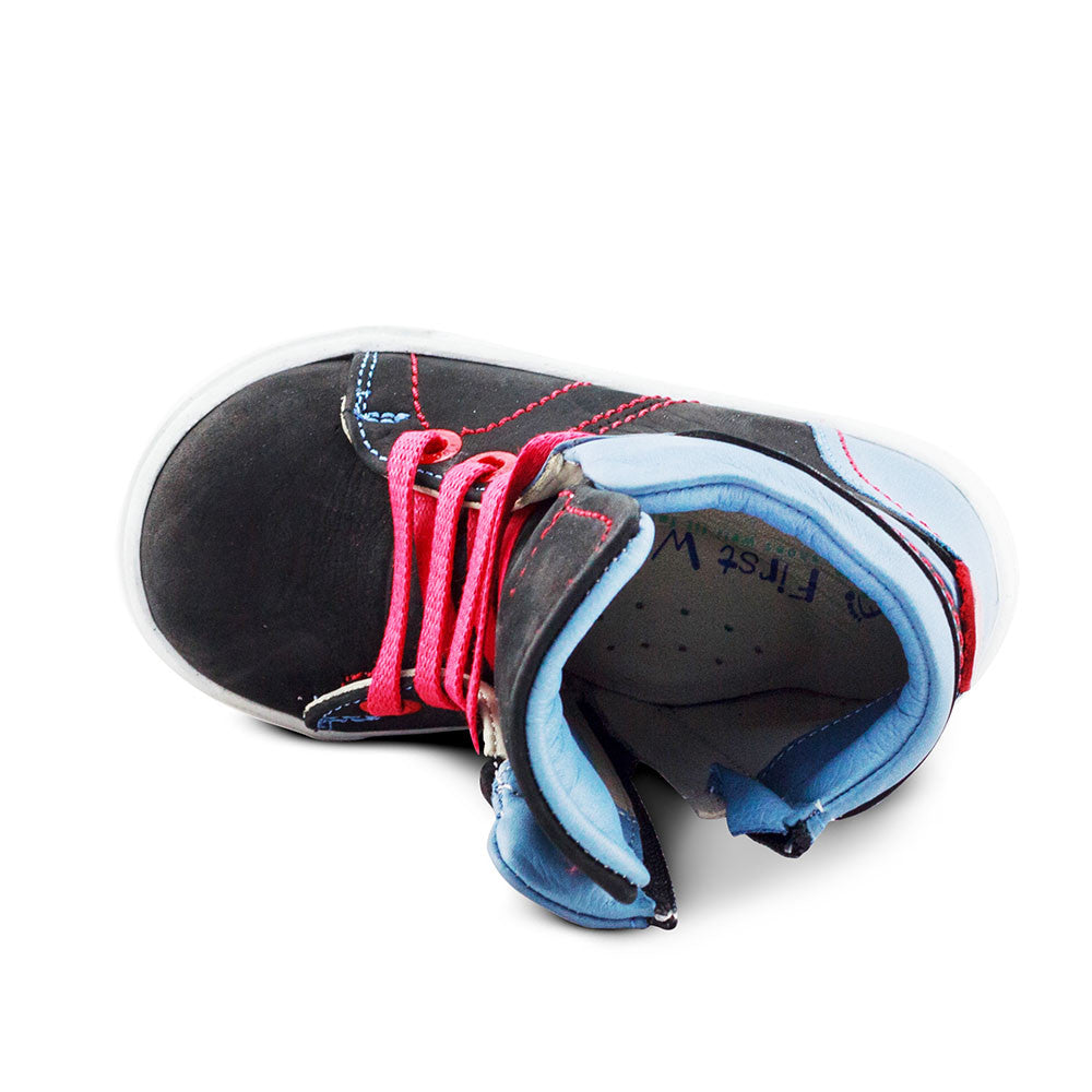 a pair of black and blue shoes with red laces