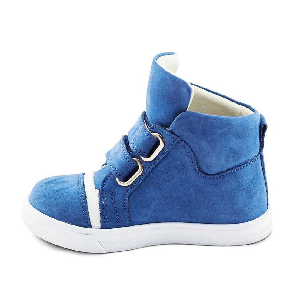 a pair of blue shoes with a white sole