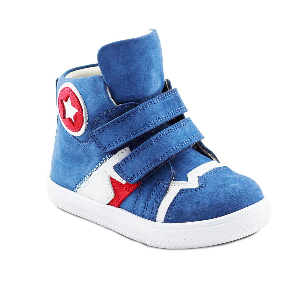 a blue sneaker with a red star on the side