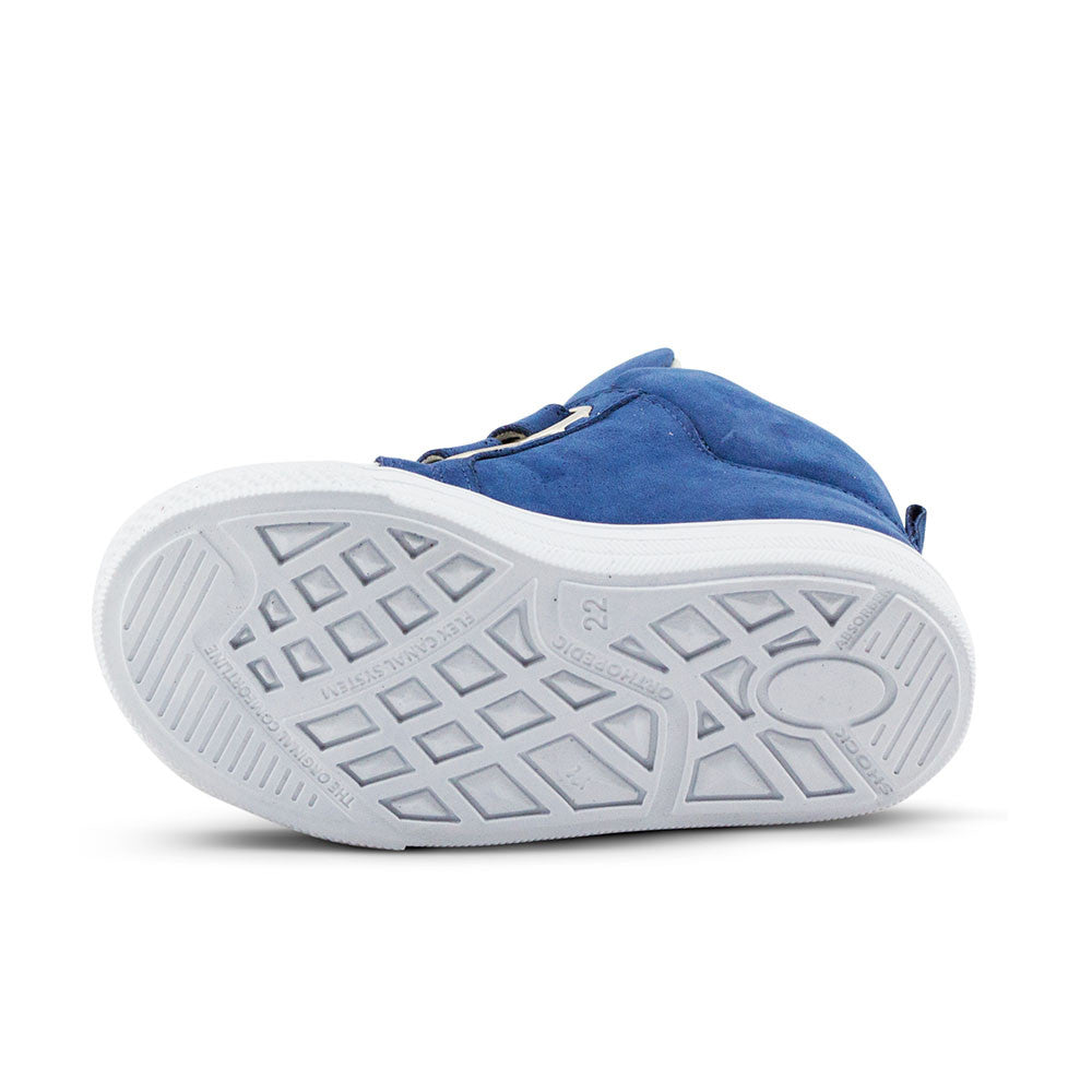a pair of blue shoes on a white background