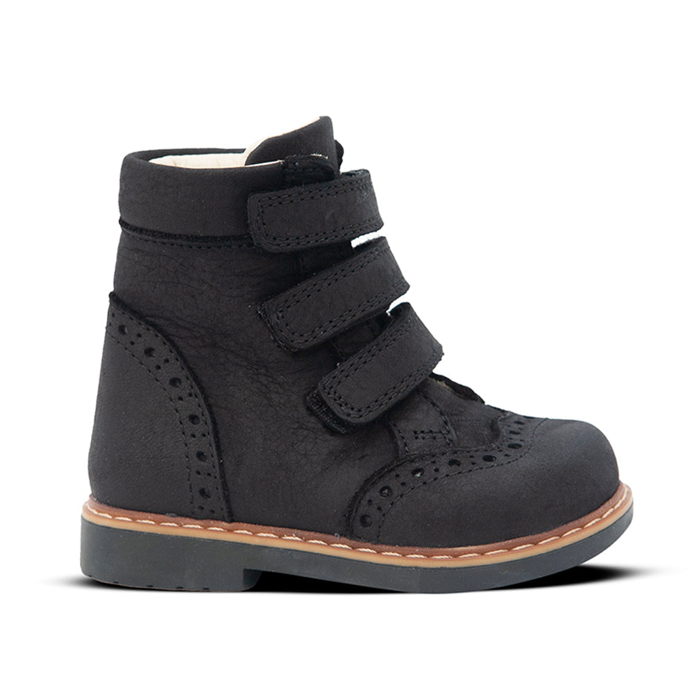 a child's black shoe with two straps