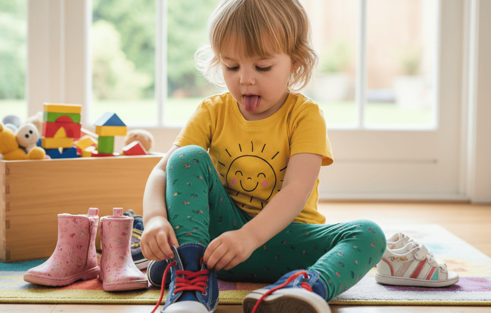 A preschooler trying on a pair of sneakers that are best for comfort and durability.