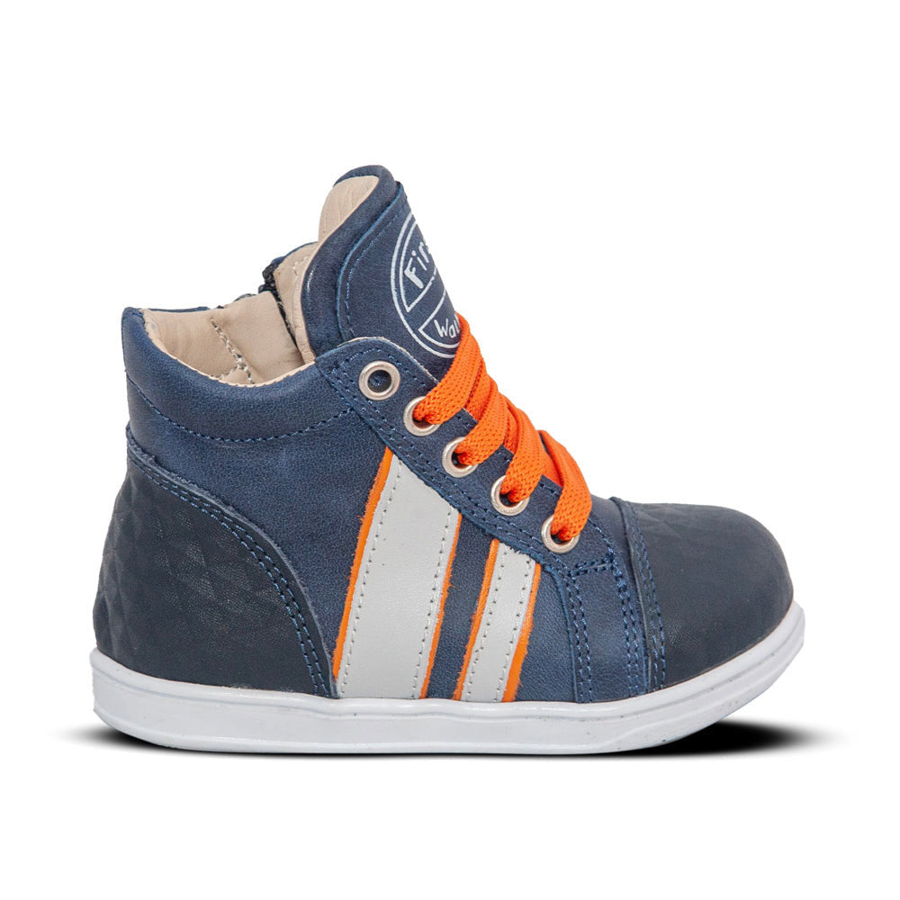 a blue and orange sneaker with a white sole