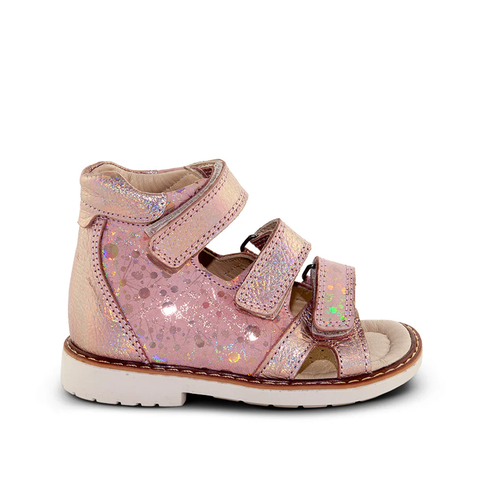 a little girl's pink sandal with sequins