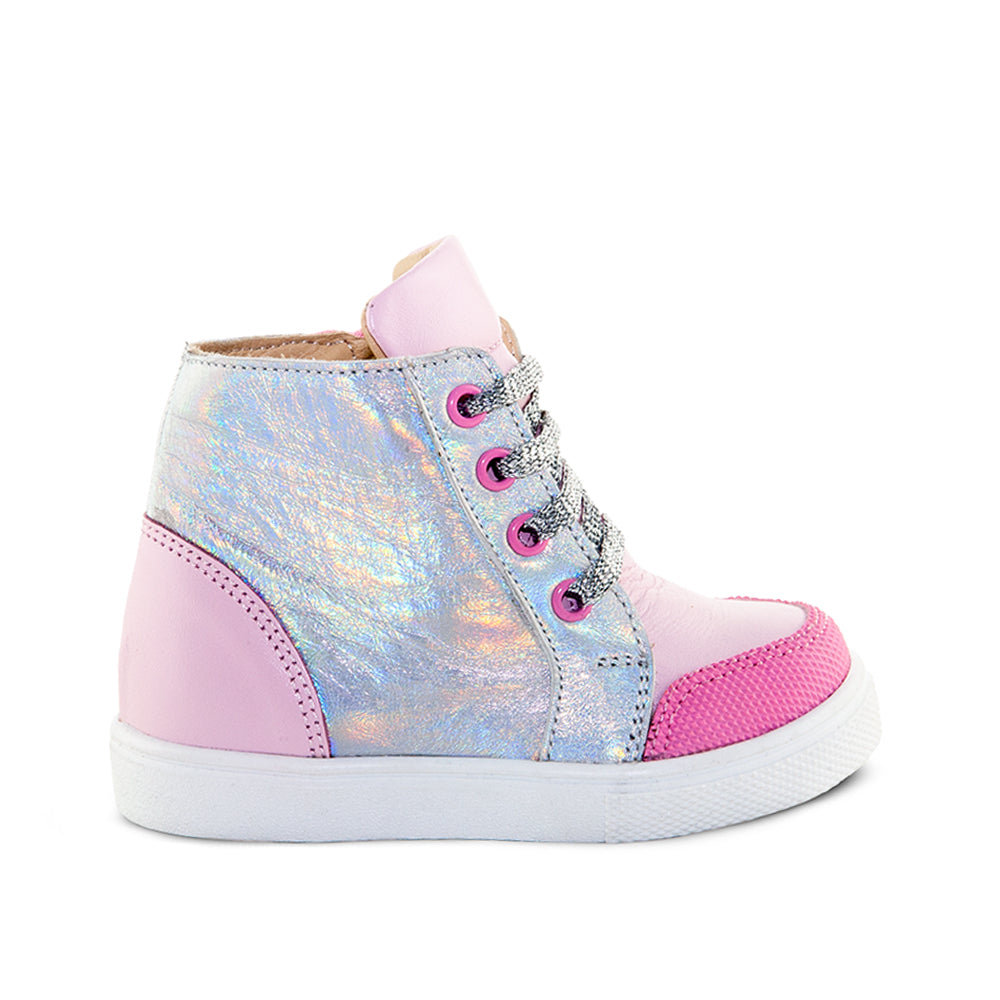 a child's pink and silver high top sneaker