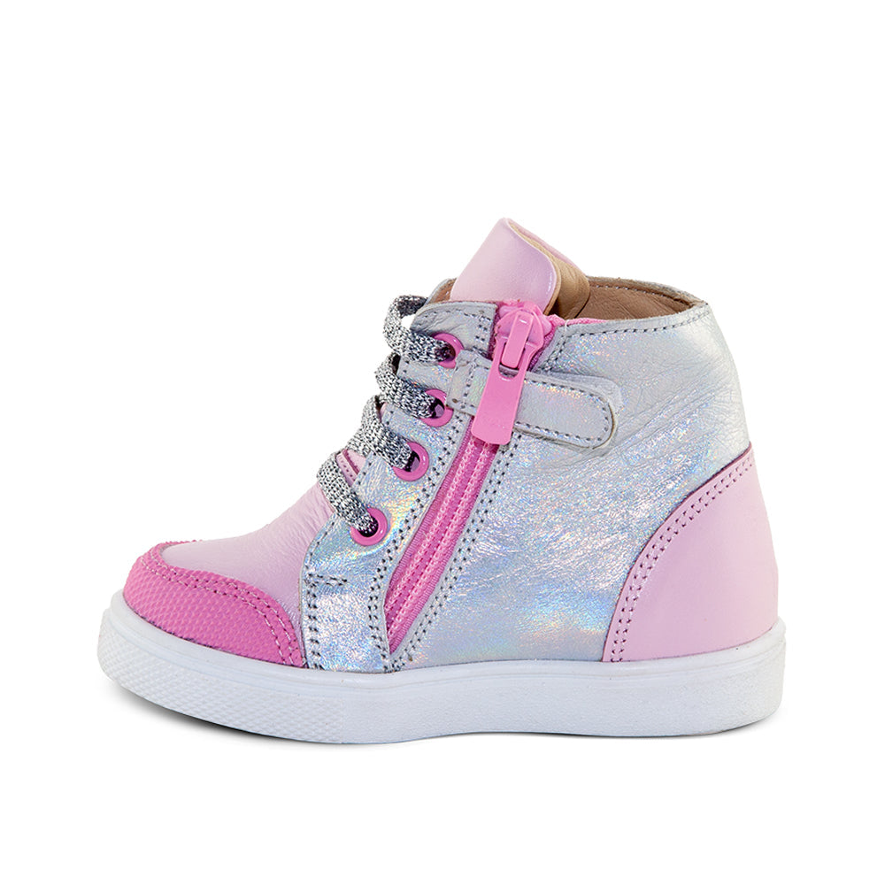 a little girl's pink and silver high top sneaker