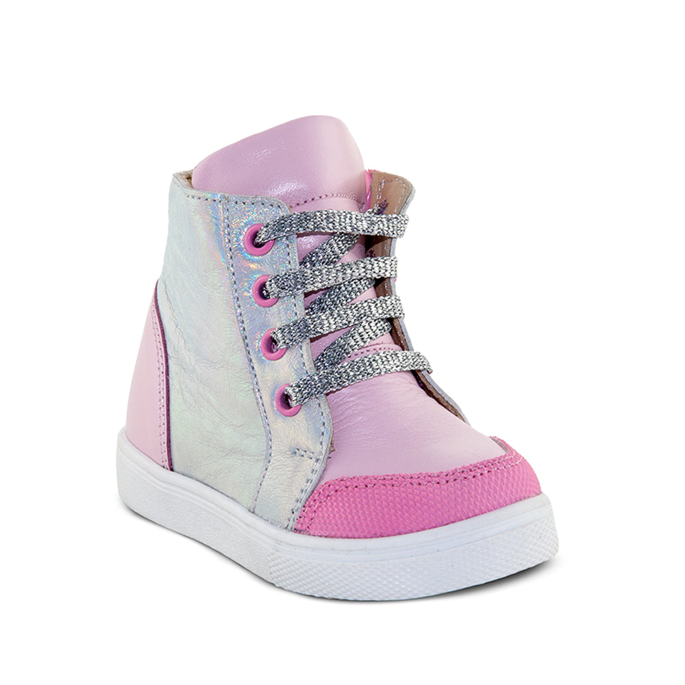 a child's pink and white high top sneaker
