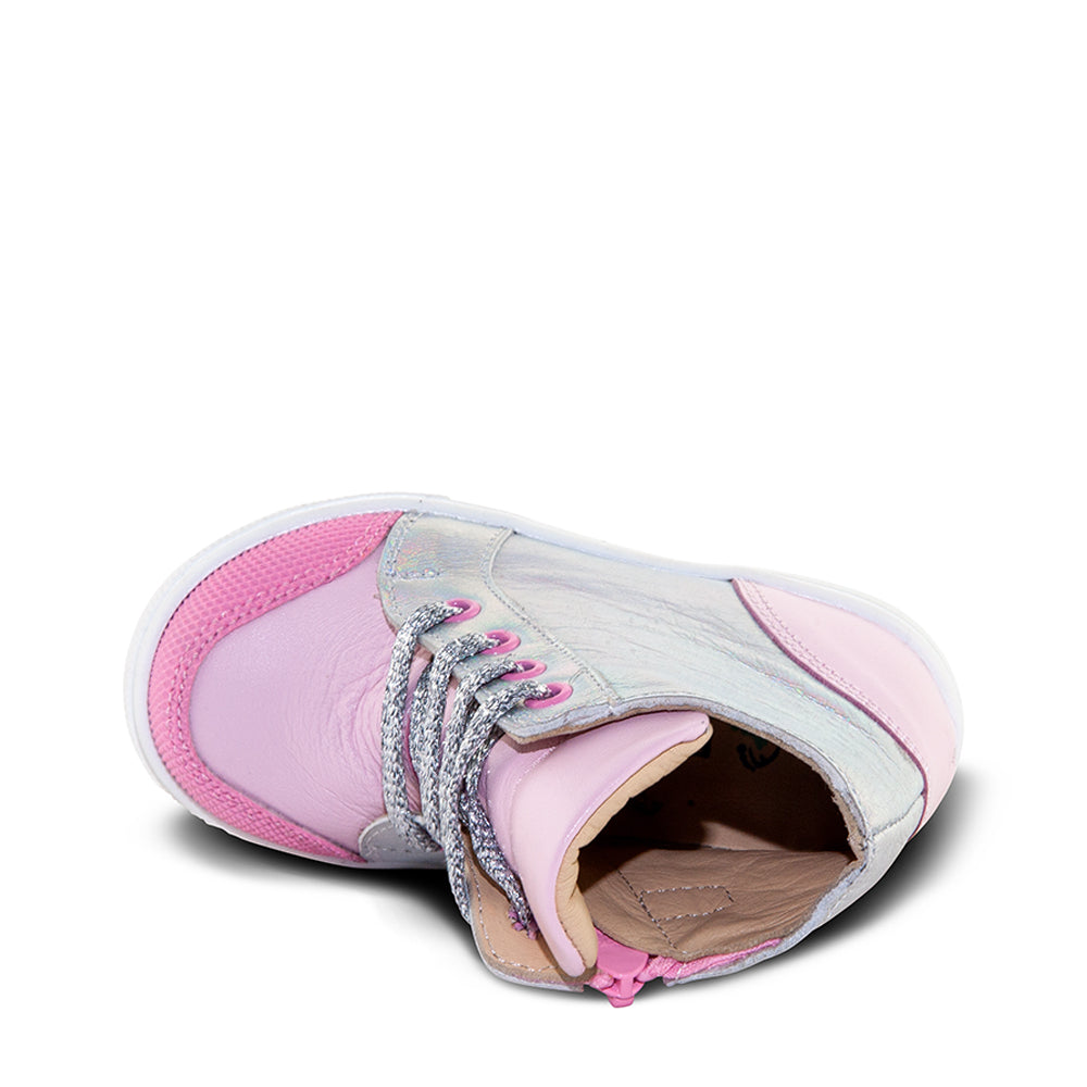 a pair of pink and white shoes on a white background