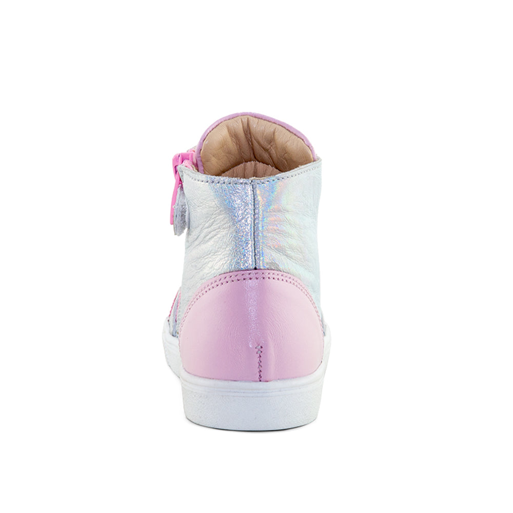 a little girl's pink and white high top sneaker