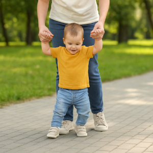 A woman holding the hands of a small child.