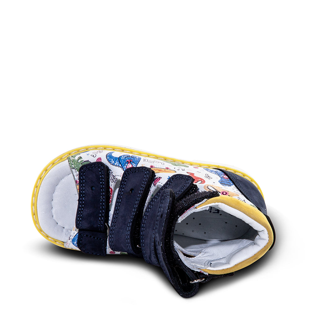 a close up of a child's shoe on a white background