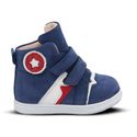 a blue sneaker with a red and white star on the side