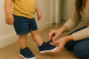 Mother fastening her toddler's velcro shoes easily while he stands.