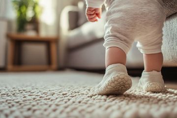 A baby cruising while standing on a carpet.