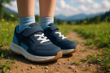 A child's feet in a pair of arch support shoes.