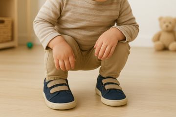 A little boy with pigeon toes crouching.