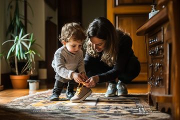 A mom helping her son put on an orthopedic shoe.