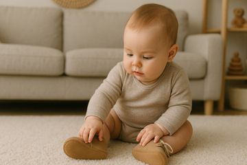 A 6 month old sitting on the floor while wearing shoes.