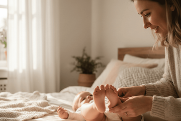 A woman examining her toddler's feet for clubfoot.