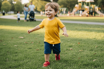 A little boy with one foot turned in running.
