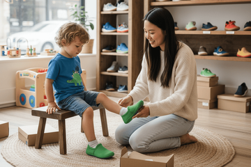 A woman trying on barefoot shoes for her toddler.