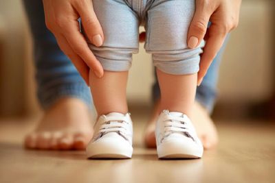 A child's feet with a pair of white shoes.