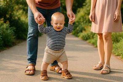 A toddler taking first steps wearing supportive first walker sandals.
