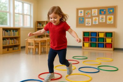 A little girl doing an obstacle course.