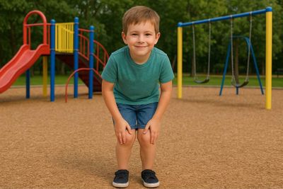 A young boy with knock knees.