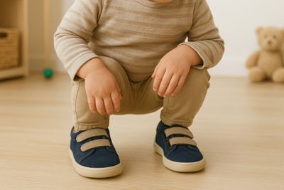 A little boy with pigeon toes crouching.