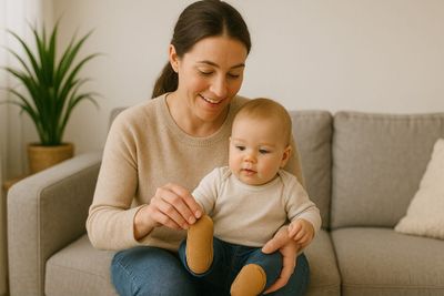 A mom helping a baby put on soft-soled shoes.