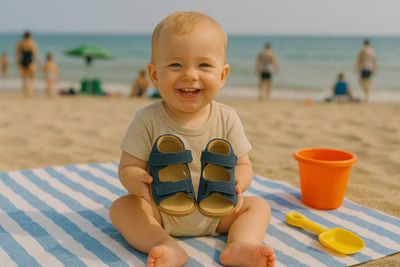 A toddler holding summer sandals.