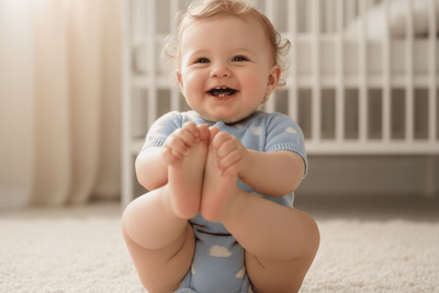 A baby without shoes sitting on a bed.
