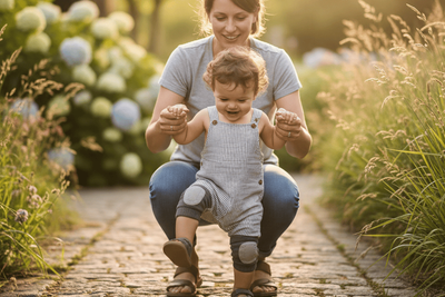 A woman helping her little one find their balance to start walking.