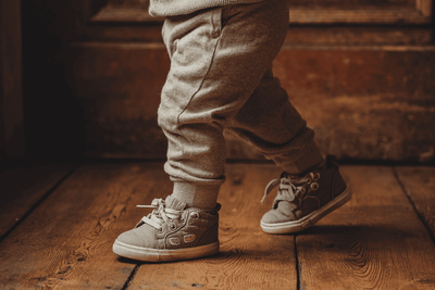 A toddler trying to walk with shoes for Spina Bifida Occulta babies.
