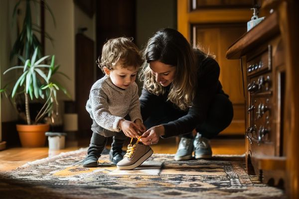 A mom helping her son put on an orthopedic shoe.
