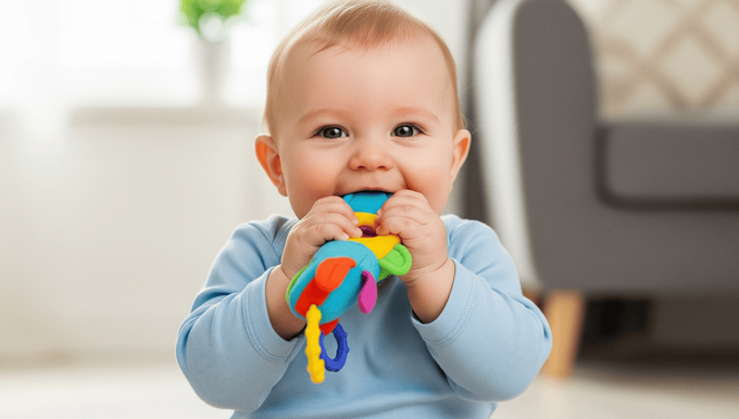 A baby chewing on a toy to stimulate 6-month-old development milestones.