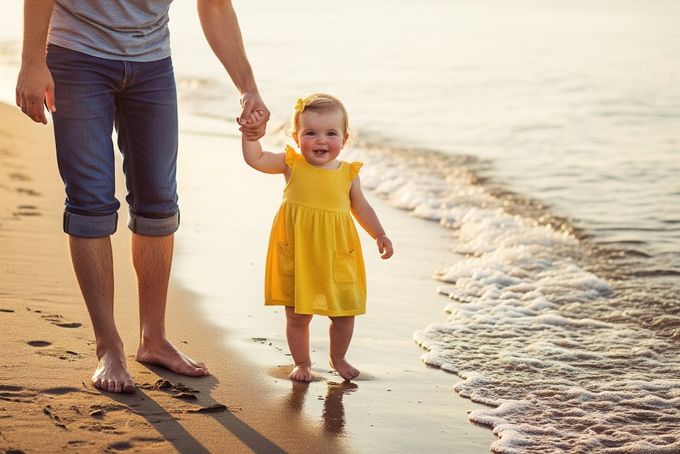 A little girl toe walking at the beach with her dad next to her.