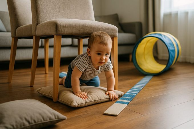 A baby doing an obstacle course.