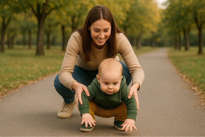 A mom helping her baby do frog hops.